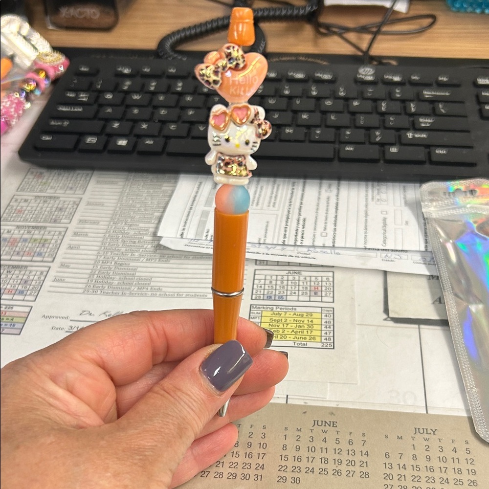 Orange Kitty Charm Pen with Pink Accents